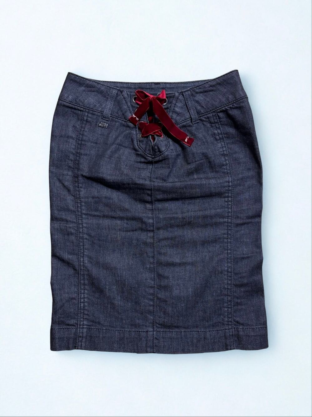 Miss Sixty Black Denim Style Velvet Lace Up Corset Waist Pencil Skirt Size S